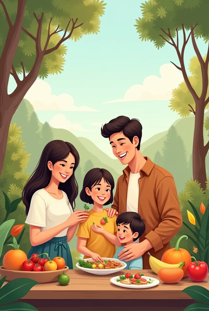 Illustrate a family engaging in healthy activities like eating balanced meals or exercising, symbolizing proactive health choices.