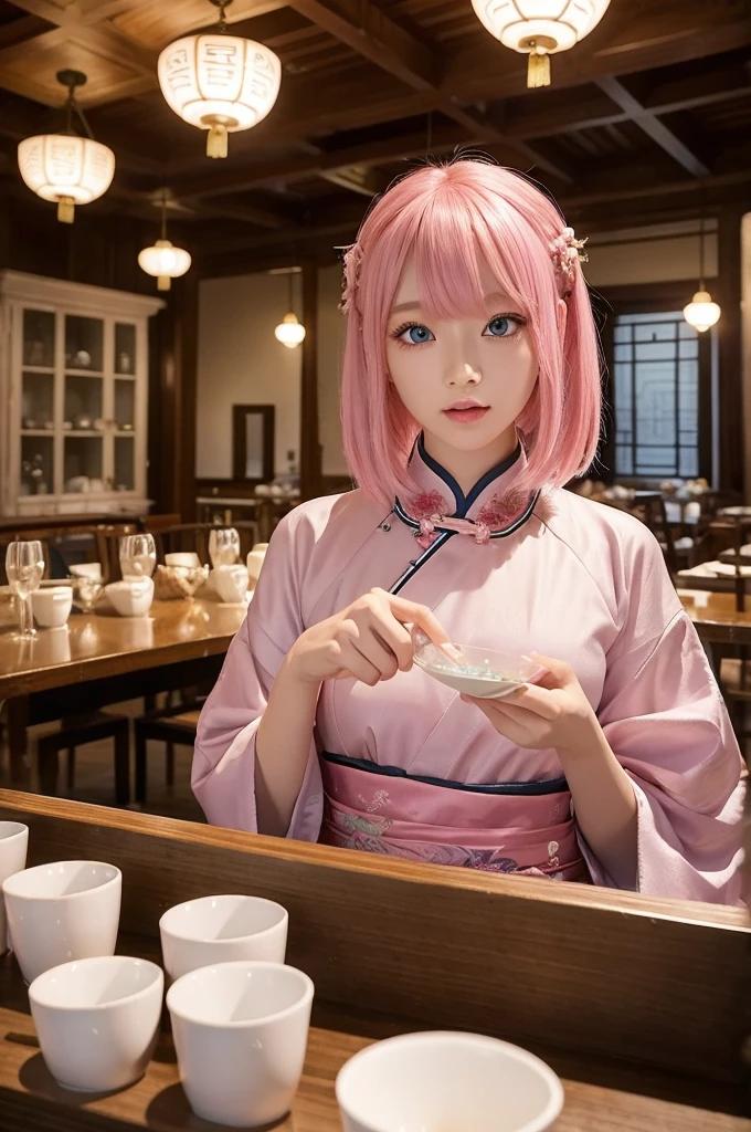 Ancient Chinese Costumes、slender、Pink hair bob hair、One female、Inside the room、Blue Eyes、A room full of glass cups and plates、