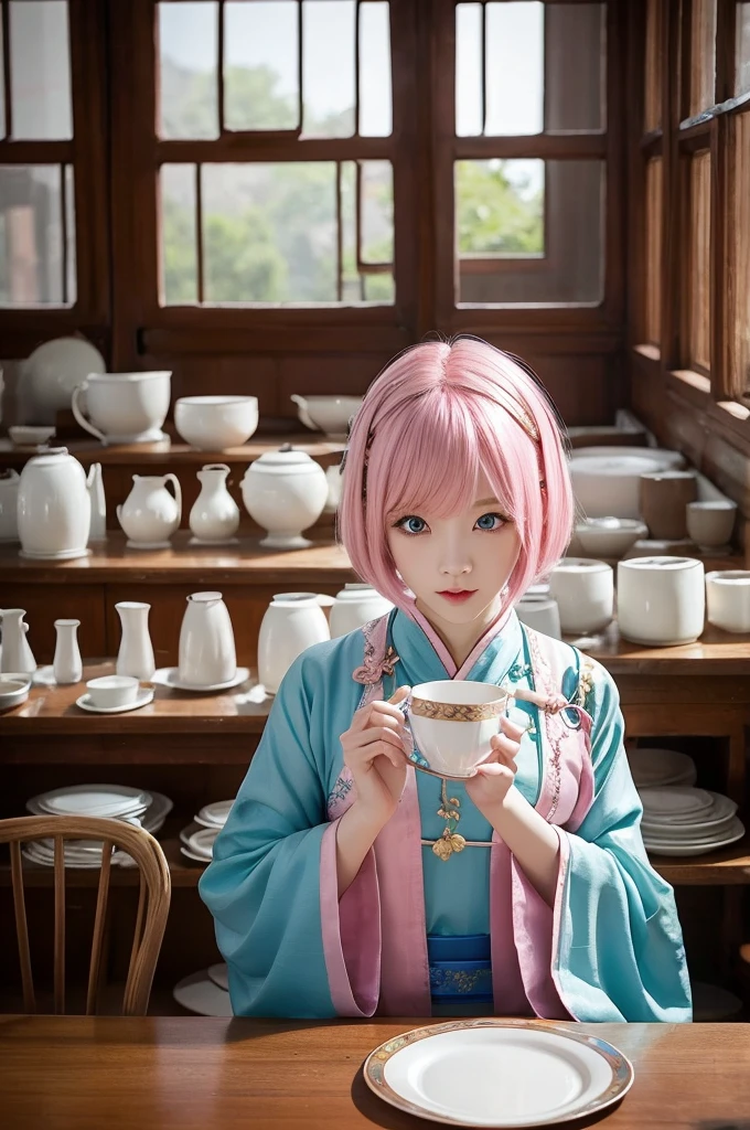 Ancient Chinese Costumes、slender、Pink hair bob hair、One female、Inside the room、Blue Eyes、A room full of glass cups and plates、
