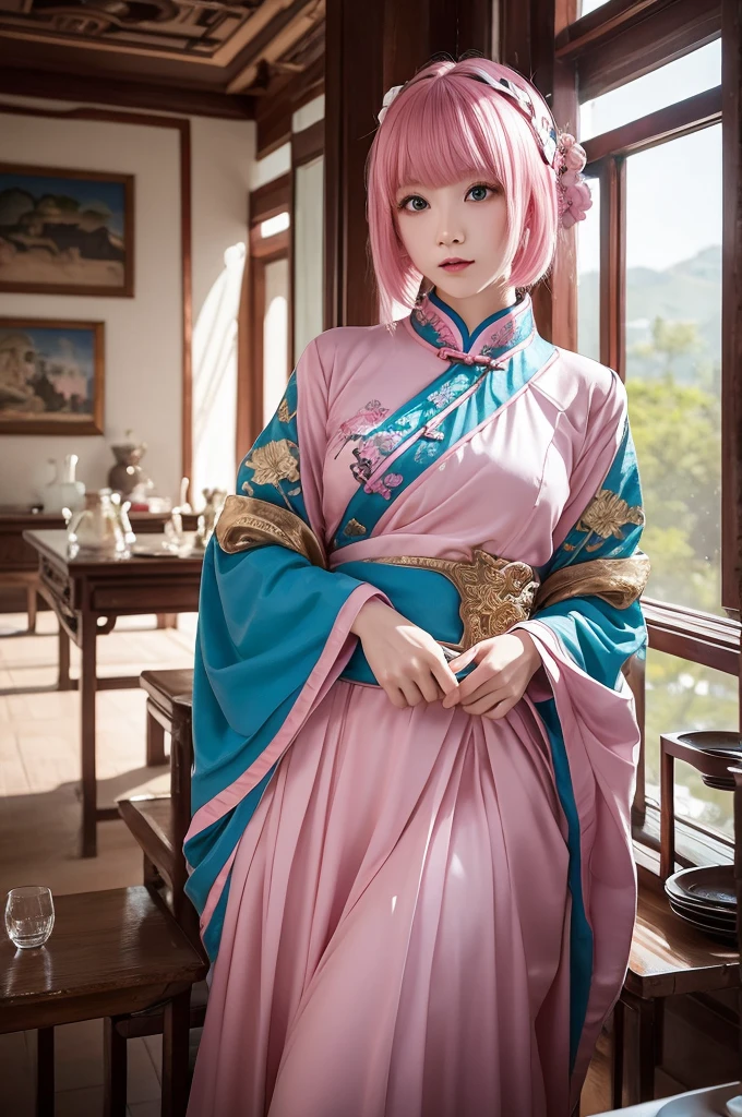Ancient Chinese Costumes、slender、Pink hair bob hair、One female、Inside the room、Blue Eyes、A room full of glass cups and plates、