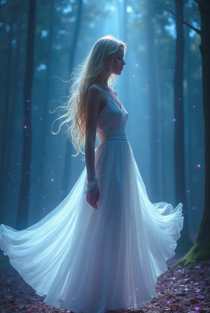 The image features a woman with long blonde hair, wearing a white dress with an and sleeveless design, standing in a forest with glowing blue and purple lights, and her dress appears to be made of a flowing material. More mysticism.dreams, associated with the hope of redemption and the key to breaking the dark pact that binds him to immortality and darkness. fairy fractal elemental of light and plasma, butterfly wings made of threads, long cloak dress made of light thin stripes of haze disappearing into the background, iridescence, airy, atmospheric, translucent, detailed drawing, HDRI Lightin, flickering, professional photo, high resolution, 8k, surrealism, aesthetics female body, light colors, delicate pearl pastel colors a scattering of star dust, starry sky, opalescence, fractal background golden kaleidoscope dissolution, beautiful eyes and face, cinematic photo, 35mm photograph, film,