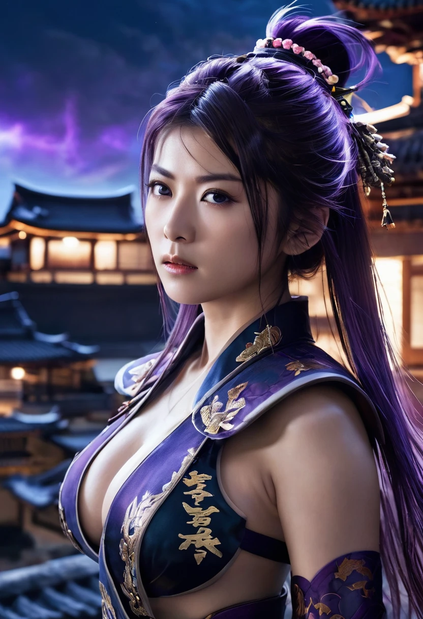 highest quality, masterpiece, high-detail, Reflects light realistically, 1 girl, Upper body, Shogun Raiden, Big breasts, perfect face, Clear eyes, long-haired, purple hair, Hair Decoration, sky of lightning, night sky, Ancient building in the background, shallow depth of field, looking at the audience,