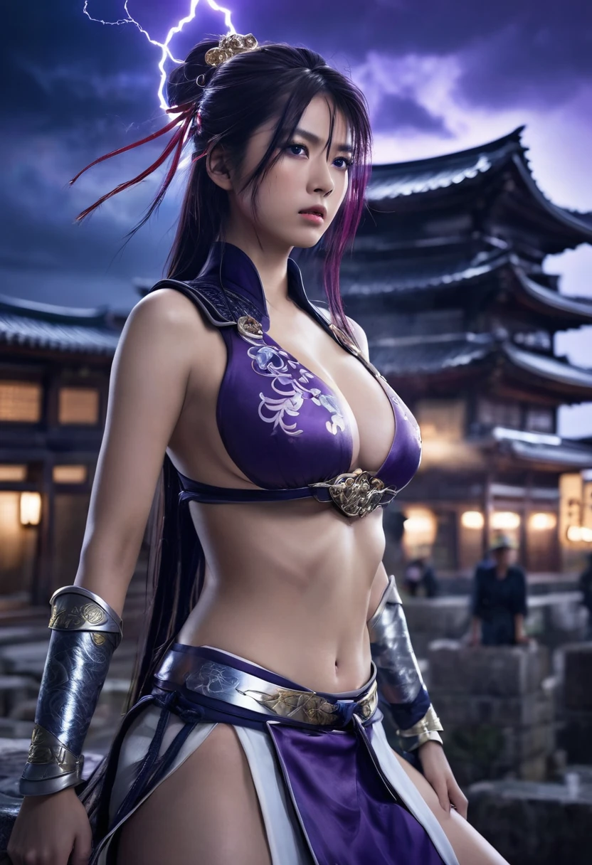 highest quality, masterpiece, high-detail, Reflects light realistically, 1 girl, Upper body, Shogun Raiden, Big breasts, perfect face, Clear eyes, long-haired, purple hair, Hair Decoration, sky of lightning, night sky, Ancient building in the background, shallow depth of field, looking at the audience,