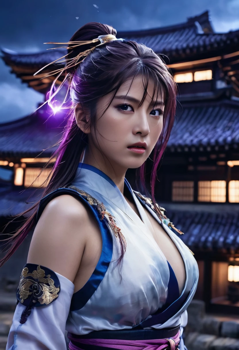 highest quality, masterpiece, high-detail, Reflects light realistically, 1 girl, Upper body, Shogun Raiden,  Big breasts, perfect face, Clear eyes, long-haired, purple hair, Hair Decoration, sky of lightning, night sky, Ancient building in the background, shallow depth of field, looking at the audience,