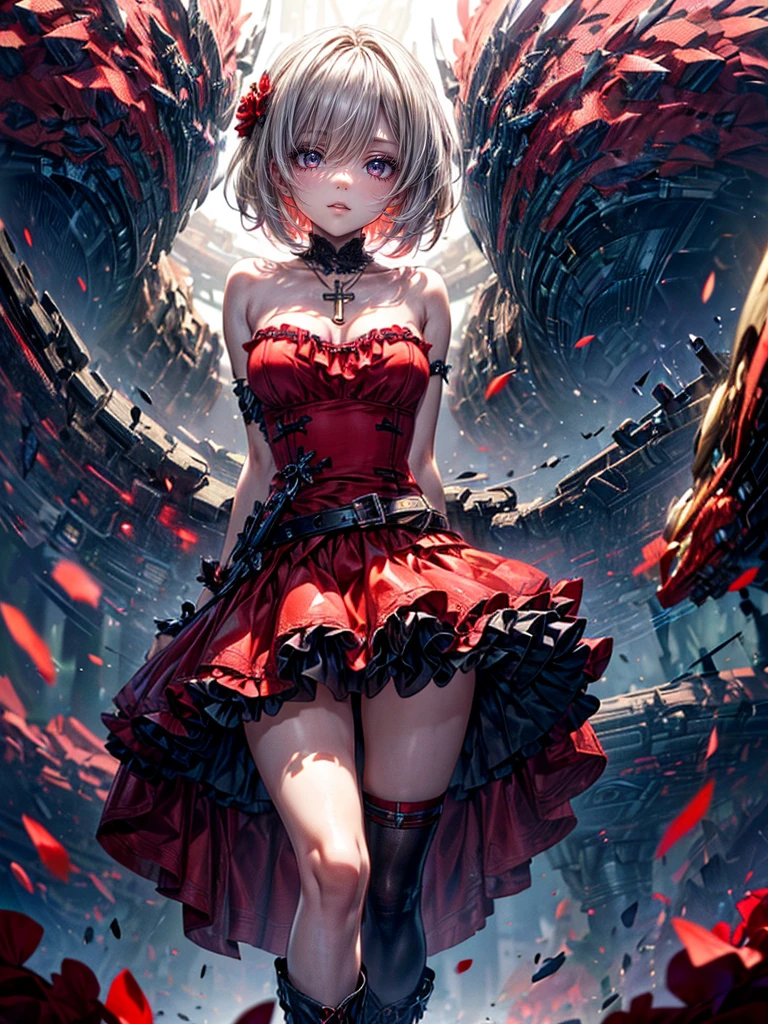 High resolution, Winner of numerous awards, Ultra high definition, Textured skin, retina,
masterpiece,(bestquality),highlydetailed,ultra-detailed,1girl,
BREAK (red theme:1.2), (stylish mini dress with a playful and bold design:1.3), (All red), (necklace with cross decoration:1.3), ((skirt is composed of multiple layers of ruffled tulle fabric, alternating between vibrant red, creating a striking contrast):1.4), ((red dress has a strapless design, emphasizing shoulders and neck, hem of skirt is slightly flared, giving it a fun and flirty vibe, red dress is paired with knee-high):1.3),
BREAK ((black leather boots that have a rugged look, adorned with silver studs around ankle):1.2),mechanical.Very Short Hair、Blonde near the sea、Mechanical Monsters:1.3(A girl facing off against a giant enemy:1.2)(highly detailed arms and legs)