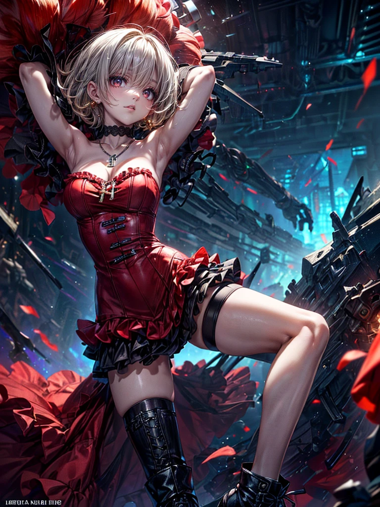 High resolution, Winner of numerous awards, Ultra high definition, Textured skin, retina, 
masterpiece,(bestquality),highlydetailed,ultra-detailed,1girl,

BREAK (red theme:1.2), (stylish mini dress with a playful and bold design:1.3), (All red), (necklace with cross decoration:1.3), ((skirt is composed of multiple layers of ruffled tulle fabric, alternating between vibrant red, creating a striking contrast):1.4), ((red dress has a strapless design, emphasizing shoulders and neck, hem of skirt is slightly flared, giving it a fun and flirty vibe, red dress is paired with knee-high):1.3),
BREAK ((black leather boots that have a rugged look, adorned with silver studs around ankle):1.2),mechanical.Very Short Hair、Blonde near the sea、Mechanical Monsters:1.3(A girl facing off against a giant enemy:1.2)(highly detailed arms and legs)
