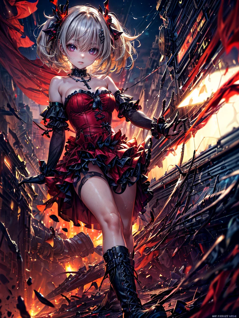 High resolution, Winner of numerous awards, Ultra high definition, Textured skin, retina, 
masterpiece,(bestquality),highlydetailed,ultra-detailed,1girl,

BREAK (red theme:1.2), (stylish mini dress with a playful and bold design:1.3), (All red), (necklace with cross decoration:1.3), ((skirt is composed of multiple layers of ruffled tulle fabric, alternating between vibrant red, creating a striking contrast):1.4), ((red dress has a strapless design, emphasizing shoulders and neck, hem of skirt is slightly flared, giving it a fun and flirty vibe, red dress is paired with knee-high):1.3),
BREAK ((black leather boots that have a rugged look, adorned with silver studs around ankle):1.2),mechanical.Very Short Hair、Blonde near the sea、Mechanical Monsters:1.3(A girl facing off against a giant enemy:1.2)(highly detailed arms and legs)
