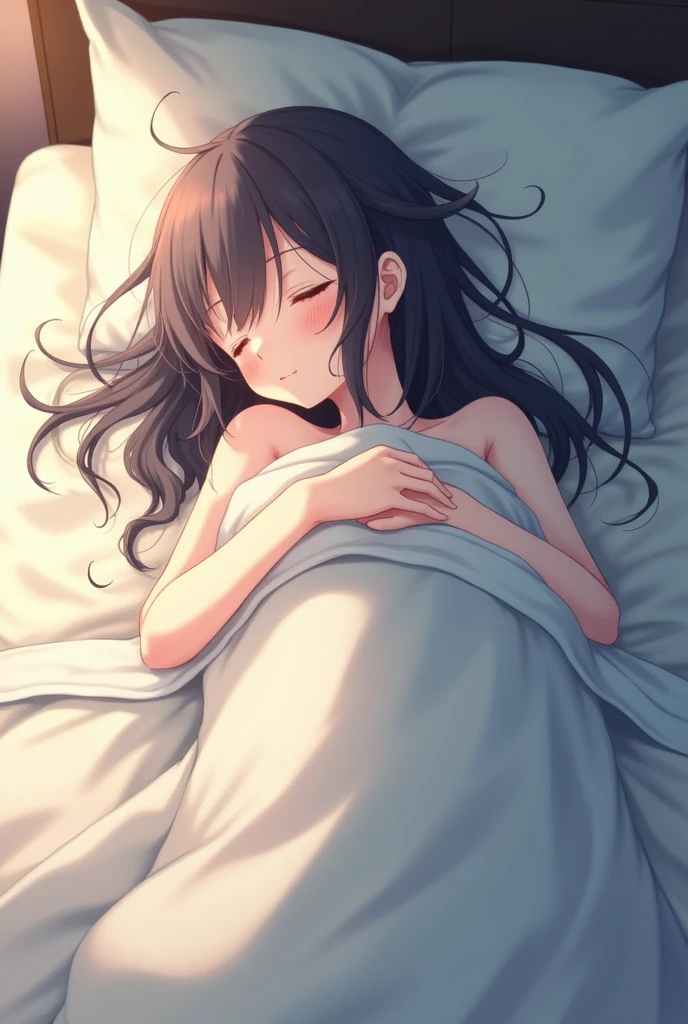 Topview of anime girl lying on her stomach sleeping on the bed