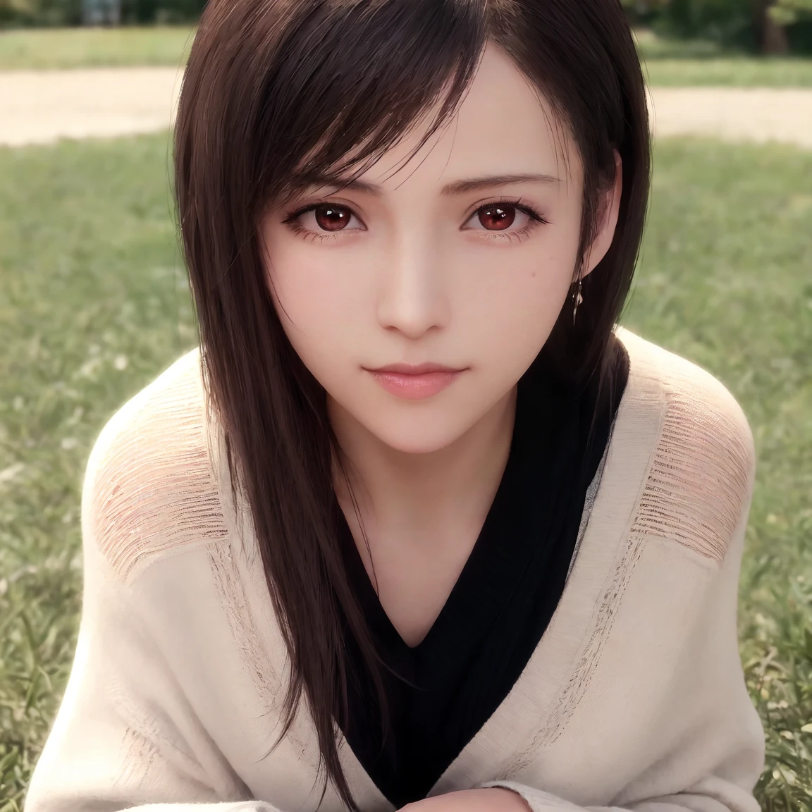 tifa lockhart ,((female)),Solo,(20yo:1.3),(japanese,cool beauty:1.2),(detailed face),sharp focus, depth of field ,blur background, bokeh ,Professional lighting,((Bell Sleeve Sweater)),Crouching,((put your elbows on your knees)),looking at viewer,Half Smile,(on the grass in the park),(perfect anatomy:1.3),(hyper detailed, masterpiece:1.2), best quality,RAW photo, exquisite, beautiful