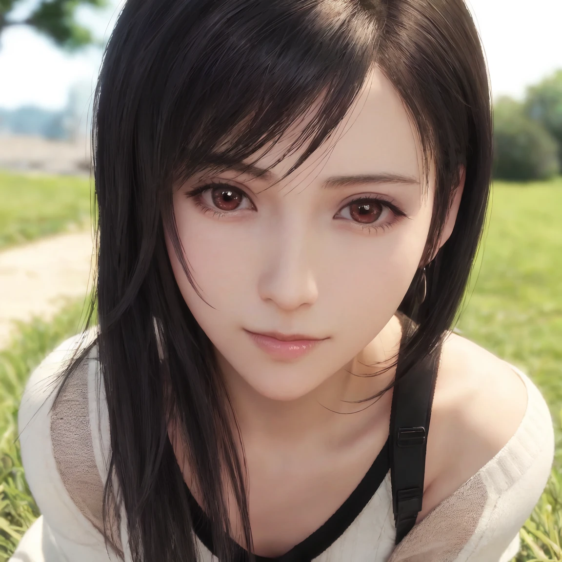 tifa lockhart ,((female)),Solo,(20yo:1.3),(japanese,cool beauty:1.2),(detailed face),sharp focus, depth of field ,blur background, bokeh ,Professional lighting,((Bell Sleeve Sweater)),Crouching,((put your elbows on your knees)),looking at viewer,Half Smile,(on the grass in the park),(perfect anatomy:1.3),(hyper detailed, masterpiece:1.2), best quality,RAW photo, exquisite, beautiful