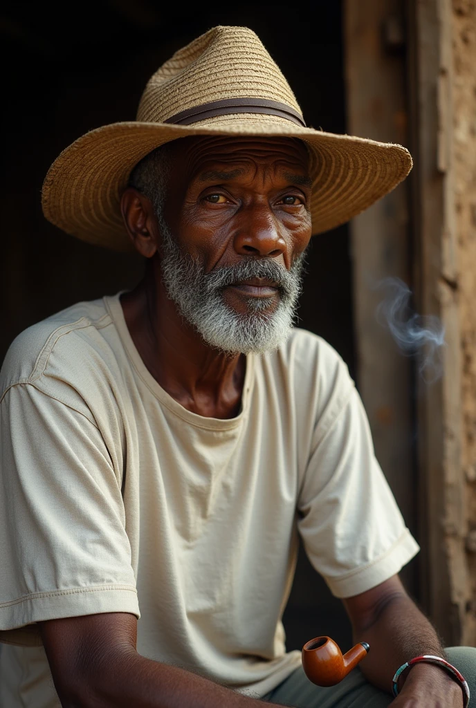 A realistic image of an 8 Black man sitting pensively in a simple rural setting. He is wearing a straw hat that casts a gentle shadow over his thoughtful expression, and a basic white t-shirt that contrasts with his aged, weathered skin. In his hand, he holds a wooden pipe, with a thin trail of smoke rising softly, adding to the serene and reflective mood. The background features a humble wattle and daub house, with natural textures and earthy tones, capturing the essence of rural life. The atmosphere is calm and introspective, with soft, warm lighting that highlights the character and depth of his face, creating a poignant and realistic portrayal of a moment in time.