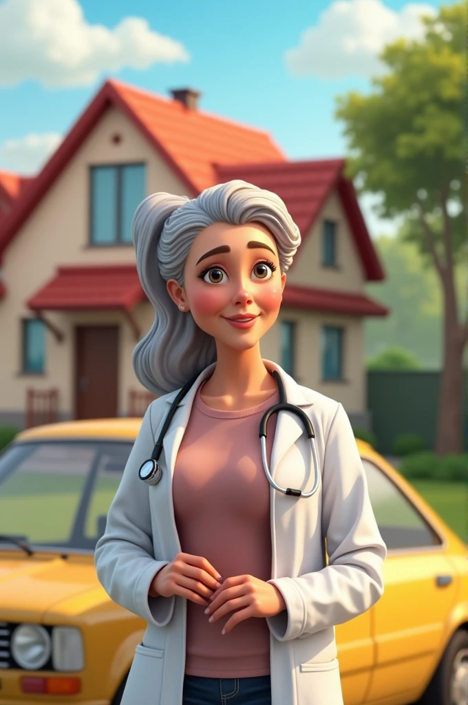 Doctor Maryam standing in front of beautiful house and a car with her old mother .generate in animated form