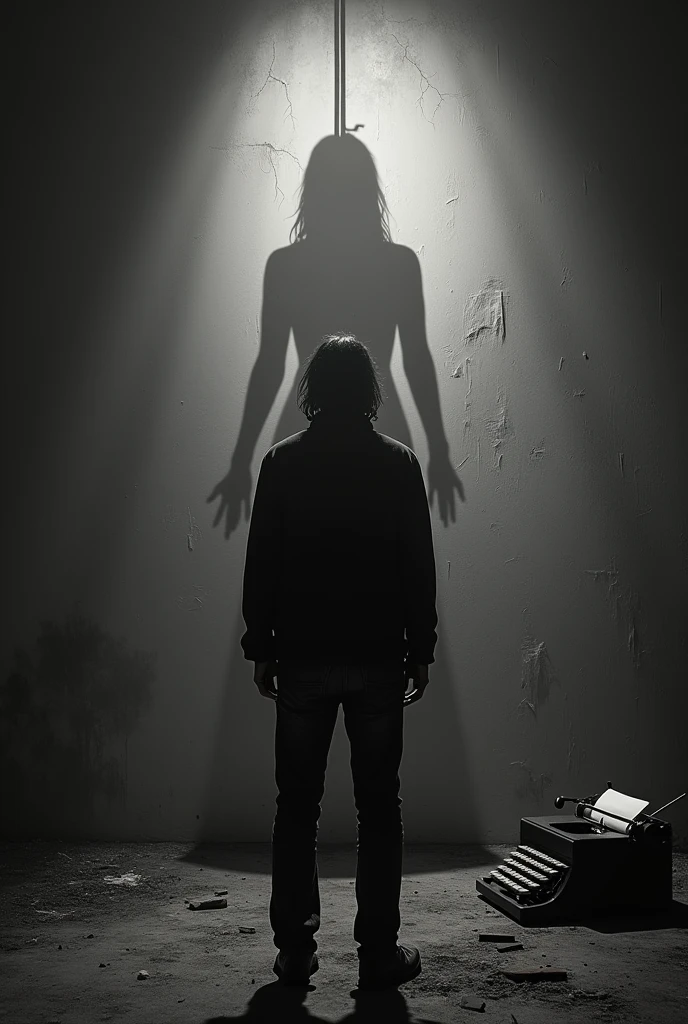 A b&w long shot of a man from behind facing a blank wall. He is wearing a black shirt and is 23 years of age. The man has long messy unkempt hair and is tilting his head facing the wall, mimicking a hanged dead body. He is in a dark,
dilapidated destroyed room with no light. It is a horror setting. The shadow of a girl in the same tilting pose appears much bigger on the wall. Both shadows are seen on the wall illuminated by lightning off-screen. The man's back is seen while he is facing the wall and the woman's shadow is only seen on the same wall in the same pose. They are tilting their heads. The girl's shadow is of a 
hanged dead body with a tilted head. The girl's  shadow is not on the side but the middle of the wall and appears with a tilted head. The man is 6 feet tall. The wall is not broken and there is a typewriter on the side. There is no noose in the shadow
