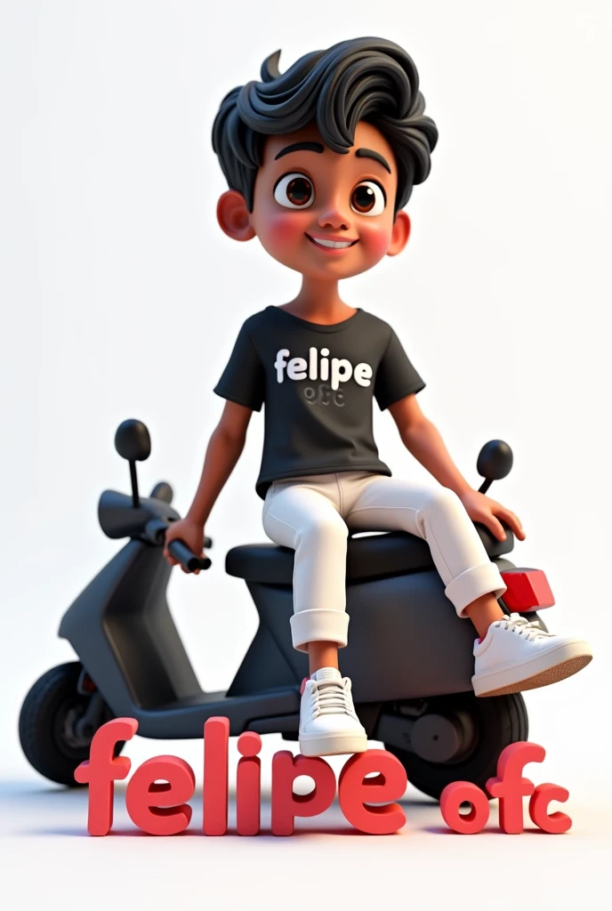 Create a 3D illustration of an animated Indian character sitting casually on top of a social media logo "instagramart". The character should wear a black shirt with the name Felipe ofc . short and wavy hair, darkskin, slightly upturned eyes wearing white pants and white tennis shoes
White background with name on the bottom felipe ofc
Near a black 160 motorcycle