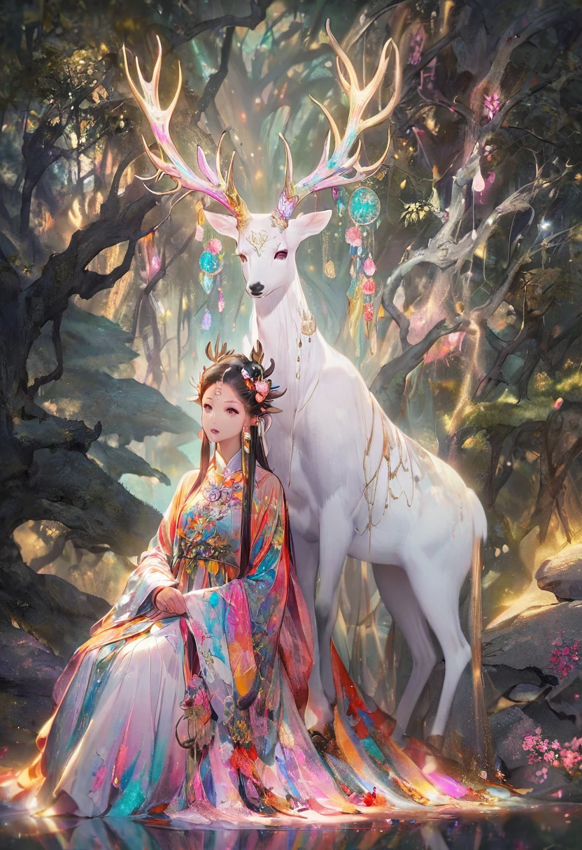 Surreal photos，Seven-Colored Deer Guardian，High-resolution photos，Huge and beautiful seven-colored deer，A peaceful and dreamy scene，A woman in a princess dress sits next to a giant seven-colored deer，The woman is very sexy，Detailed facial details，The background is a magical forest full of spirituality，Create a soft and ethereal atmosphere。The overall composition is beautiful
