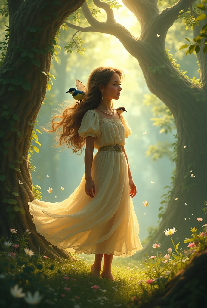 draw a girl who understands and speaks with the animals of the magical forest