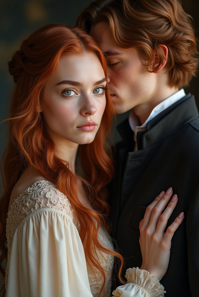 Nineteen year old girl, beautiful, long, wavy light red hair down to her waist, her eyes are light purple, a fine and delicate beauty, at her side is her husband Prince Daemon Targaryen (Matt Smith) and she has a hand resting on his chest