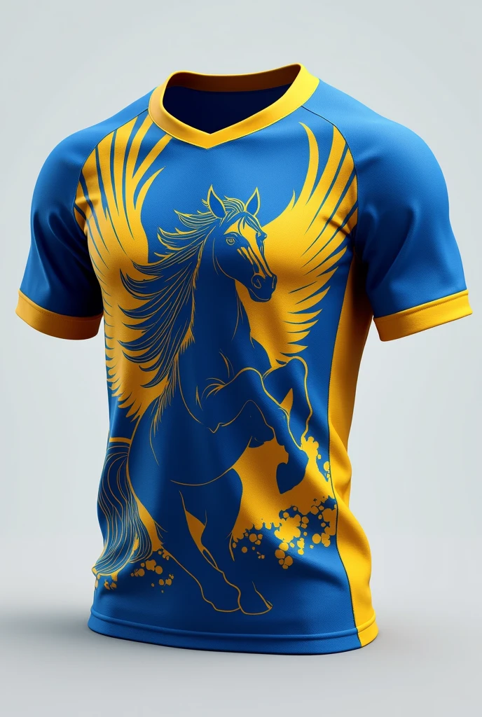 Blue and yellow rugby kit for school team with a horse as the main theme a basic design