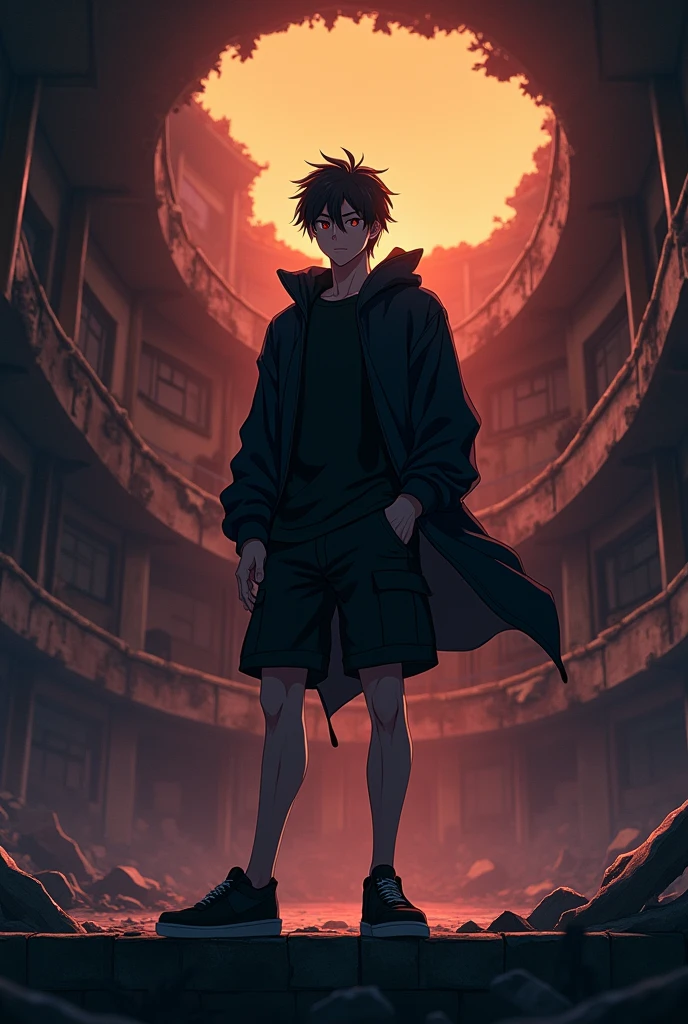The image is anime style cowboy bebop and Darker than black with shadows and dim lights, anime style although somewhat adult and dark, It shows a single adult male aged 26., with black hair and black eyes, He is wearing a black t-shirt and black shorts, and black windbreaker; Smiles confidently to the side. He is standing in front of a destroyed theater, right on stage, sin techar, as the orange light of dusk filters through. on the stage