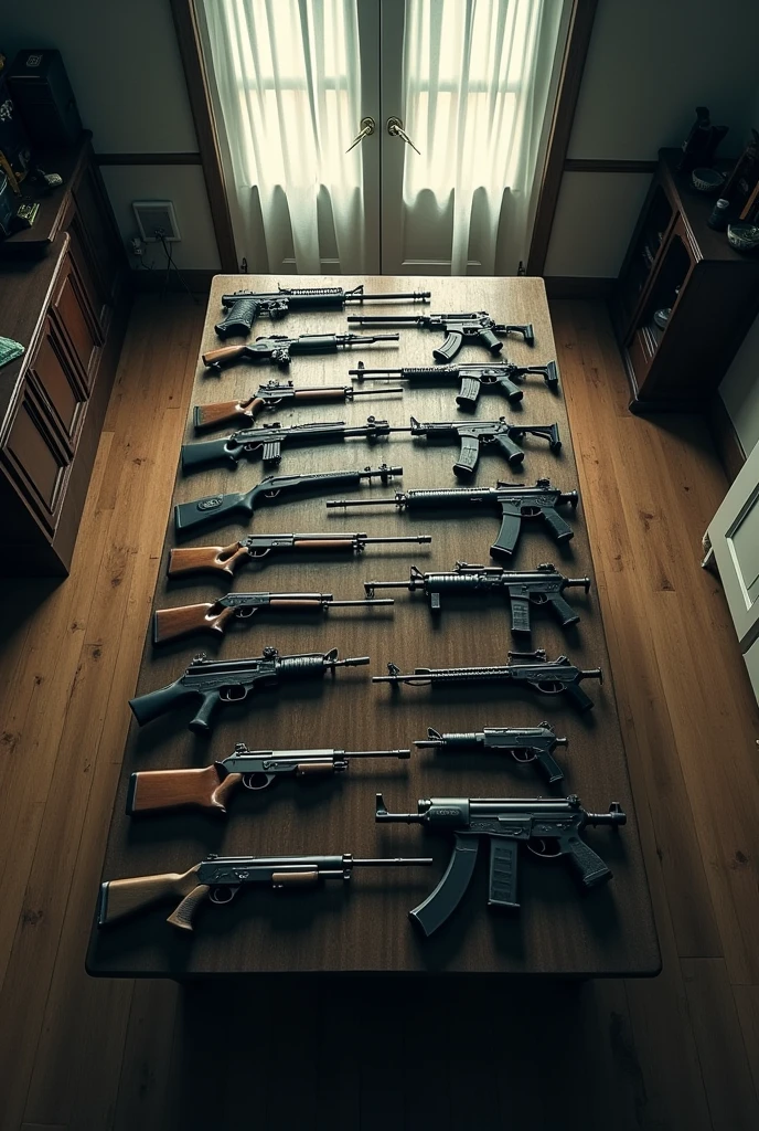 There is a table in the house on which many guns are kept and the photo is taken from above 