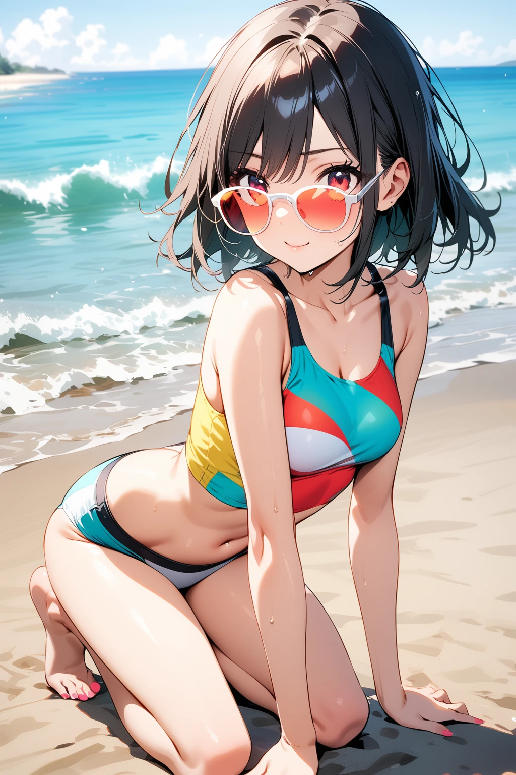 Colorful swimsuits，A pair of sunglasses，cute，Normal behavior，Kneeling on the beach，a beautiful  woman， black hair, （solo：1.2），（highest quality，extremely clear，masterpiece：1.2），full-body shot