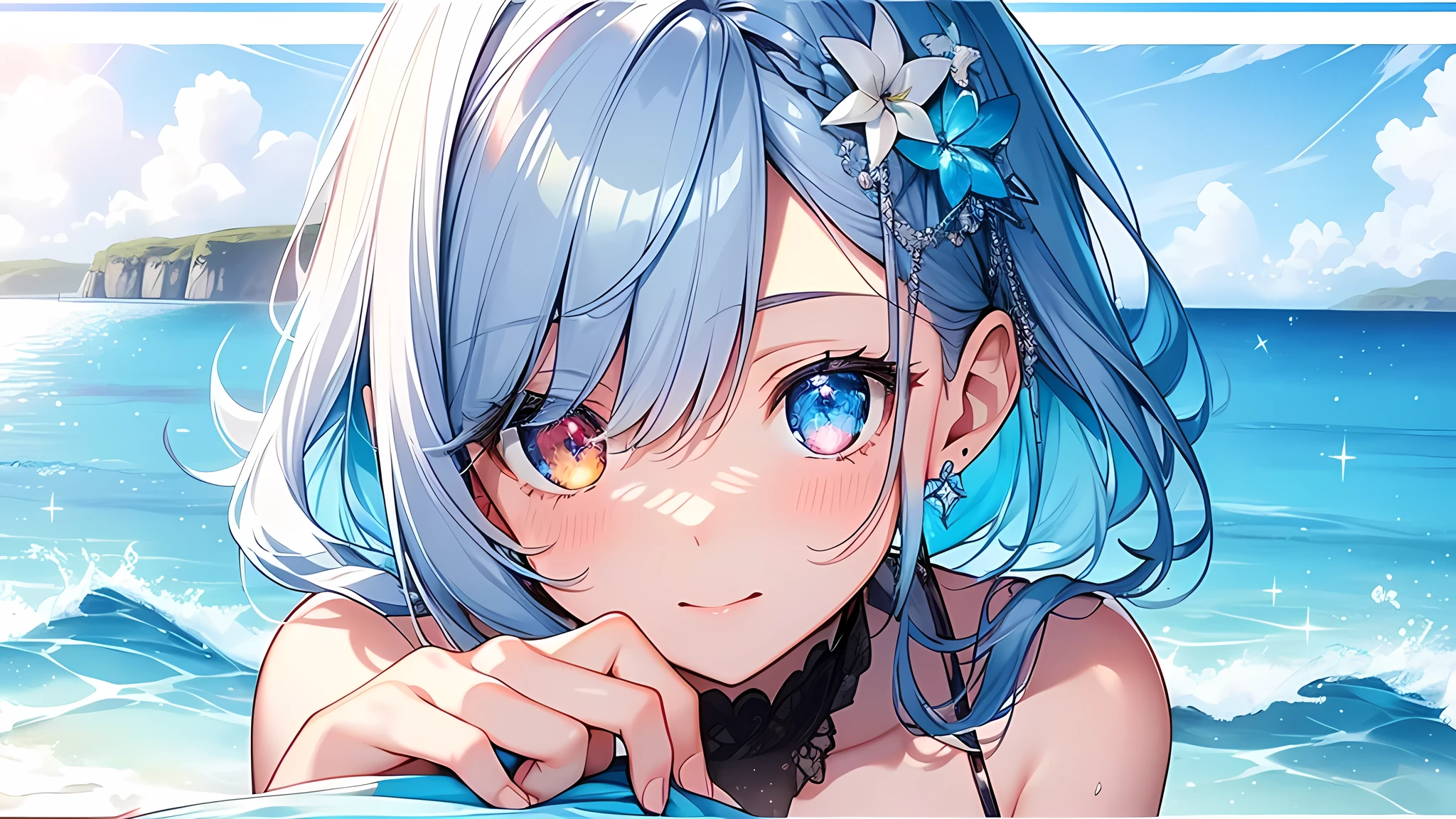Best quality、Photorealistic、Ultra-detailed、delicate、Orderly、High Detail、Bluish Silver Short Bob、(Drooping heterochromia iris,glowing eyes、Sparkling Eyes:1.lender、(One girl:1.2)、( detailed, masterpiece, 8k, Angelic, 1 girl, Focus on the girl, dress, Wave, blue Ocean, Clear Color, bright, Ocean, transparent:1.3)、Ambient Occlusion、Ambient Light、Ray-traced Reflections、Glow、Shiny Hair、