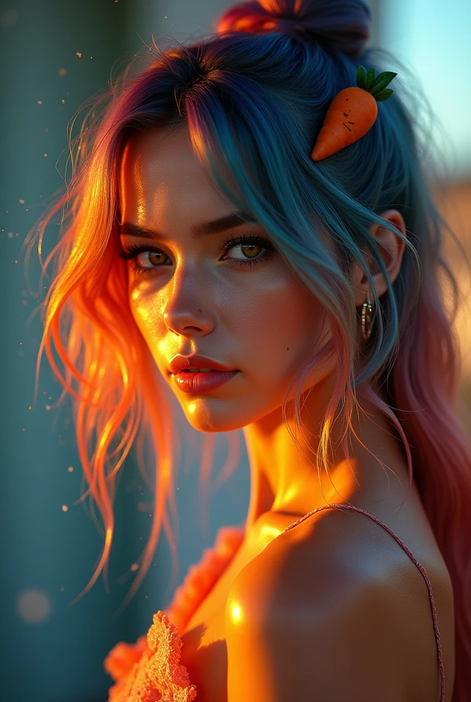 multicolored hair, gradient hair, carrot hair ornament, mole under eye, amber eyes, high detail, Verism, Hyperrealism, Contemporary art, cinematic lighting, sparkle, wide shot, f/1.2, best quality, award winning, 8k, super detail, UHD