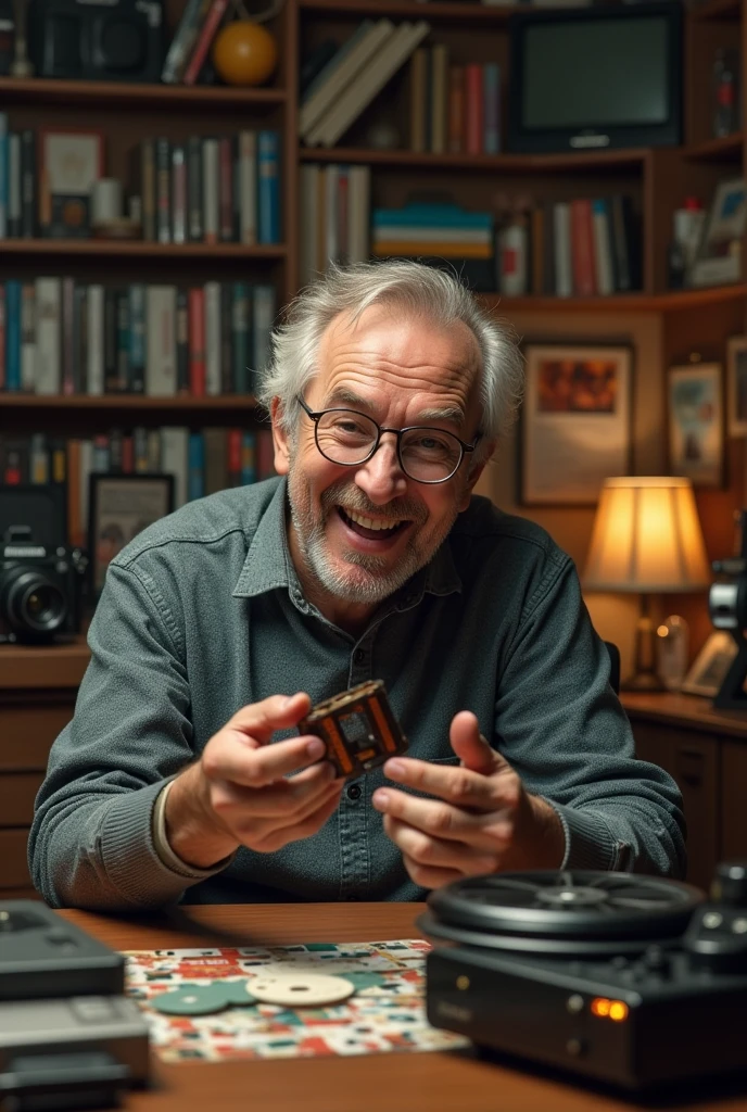 Generate an image of cinephile, he must be an encyclopedia of films, his background surrounding mustbe shows his film enthusiasm,his room need film cameras, film rolls, a bookshelf, cassette player and he must be in a happy moment, some film DVDs in the table, and a film roll in one hand, must be a middle aged guy