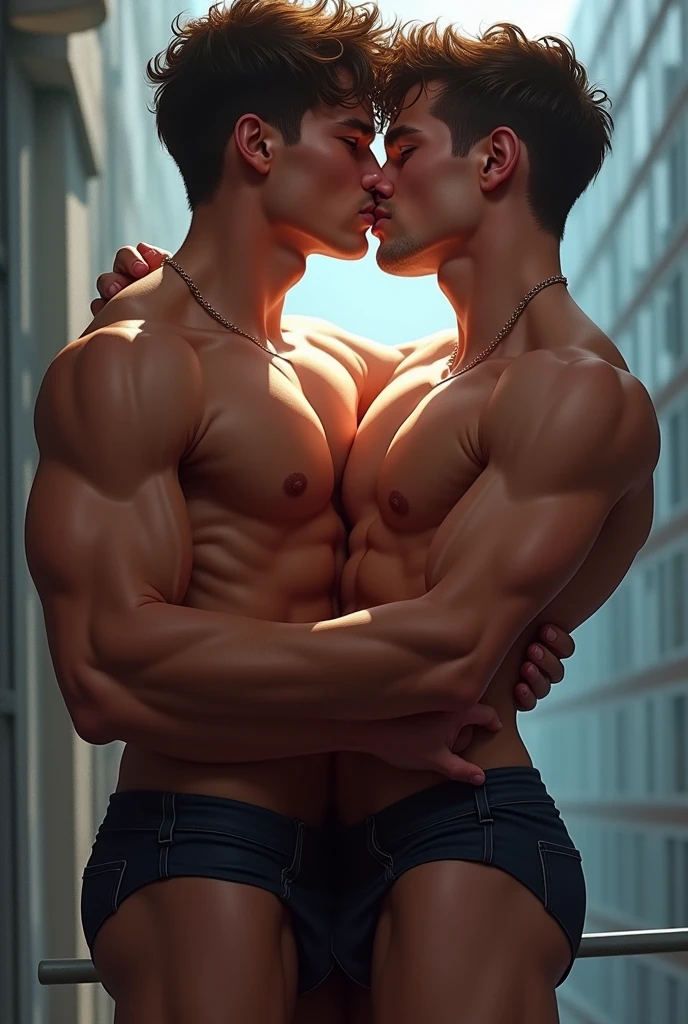 Two boys face to face tongue kiss, gay men, the whole body faces each other with close muscles, the pectoral muscles are swollen and collided, the abs are large and connected, the thigh muscles are connected, the dress is cool, one of the boys' genitals is inserted into the genitals of the other boy in the seventh, entangled,