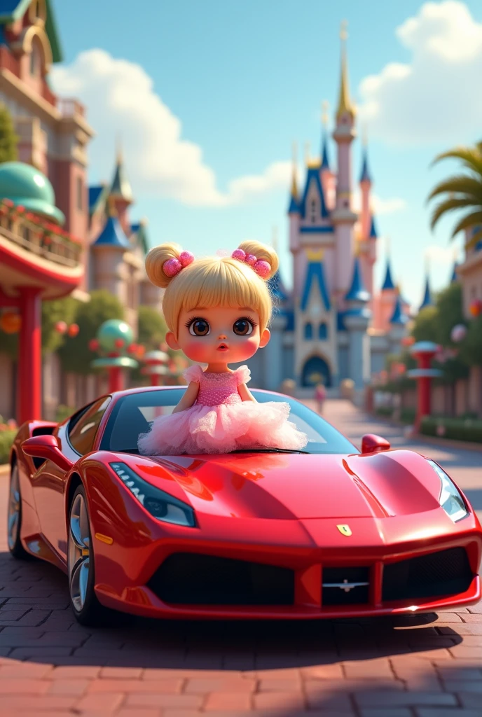 Cute doll on red ferrari in pink frock with a background or Disney World 
