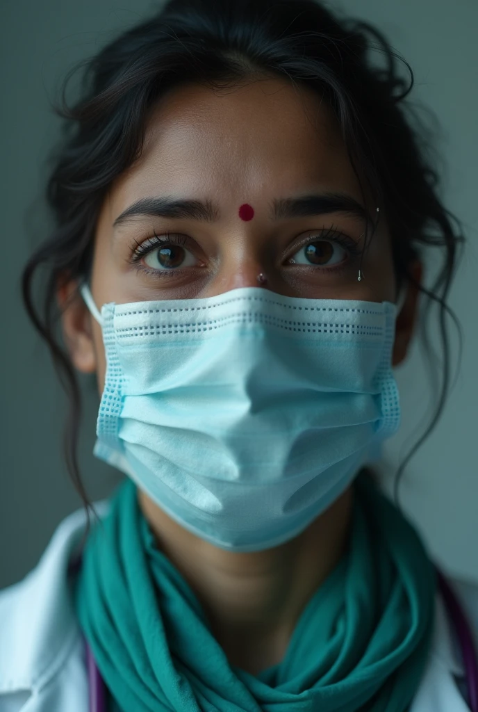 Indian lady doctor wearing face mask is crying