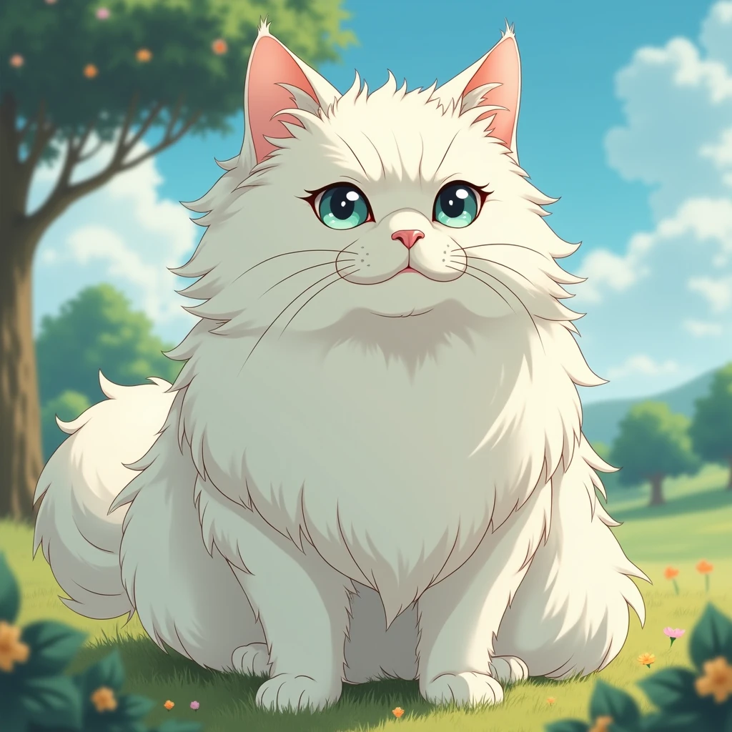 A beautiful long-haired big white cat, half Main Coon and half Persian, 吉卜力, anime-style, 