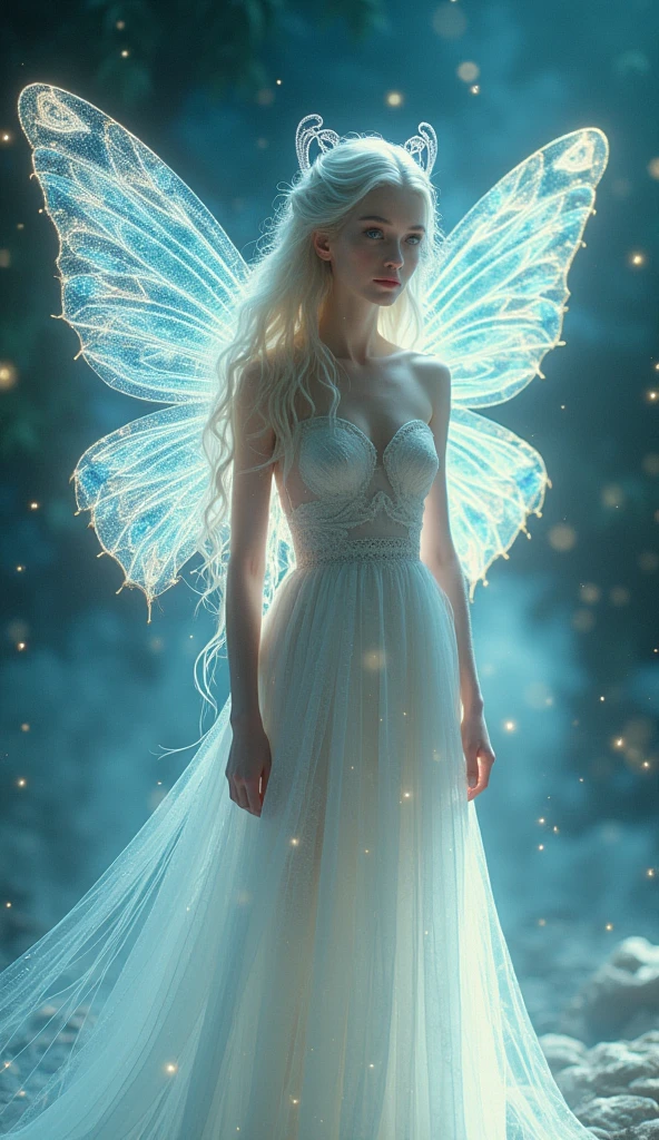 fairy fractal elemental of light and plasma, butterfly wings made of threads, long cloak dress made of light thin stripes of haze disappearing into the background, iridescence, airy, atmospheric, translucent, detailed drawing, HDRI Lightin, flickering, professional photo, high resolution, 8k, surrealism, aesthetics female body, light colors, delicate pearl pastel colors a scattering of star dust, starry sky, opalescence, fractal background golden kaleidoscope dissolution, beautiful eyes and face, cinematic photo, 35mm photograph, film, bokeh, professional, 4k, highly detailed