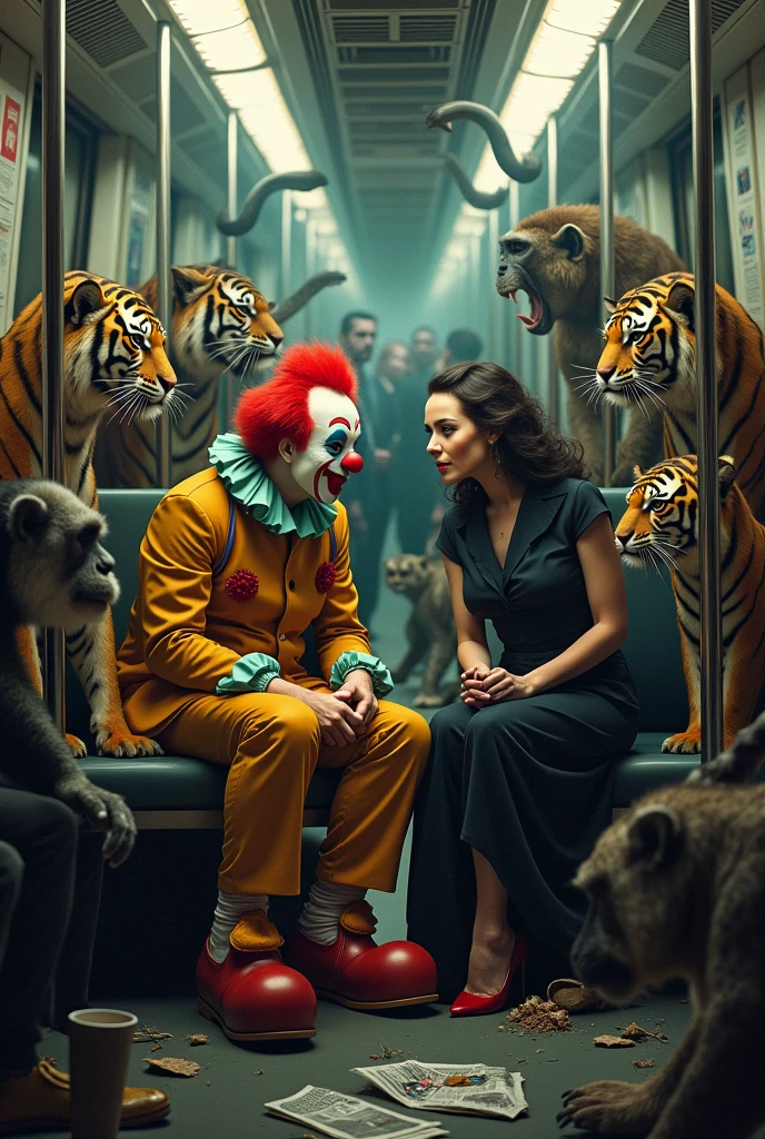 Clown sitting talking to a woman on a subway and wild animals around him