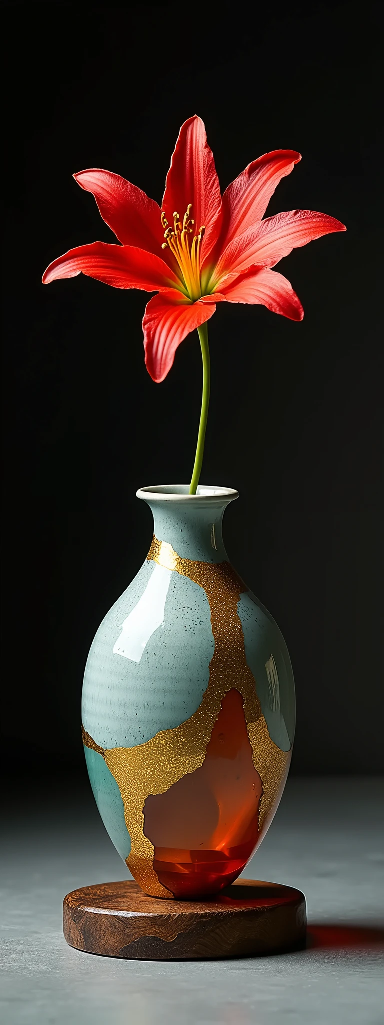 Complete separation and combination of ceramic and transparent glass materials, Dispersed joints, A vase made of ceramic and clear glass joined together using the kintsugi technique., Just one, Simple pottery and colorful glass"Wabisabi"aesthetics of, A single flower of red spider lily arranged in a vase, Water filled in a vase, Exquisite harmony that cooperates with each other&#39;s existence, Absolute beauty born from absurd combinations, Placed on an antique wooden stand、Aesthetics emerge against a dark background, Simple and pure..., Beauty beyond words..., 