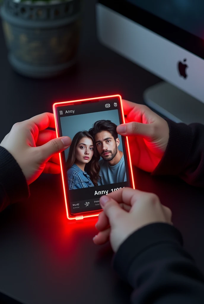 Create an Instagram profile on glass I'd card on a black desk displaying Instagram logo and realistic profile photo of a teenage couple in circle and "ANNY" is written on bold fonts under the profile photo and 100k followers written, the Instagram card is glowing red colour on the edge, one corner is held with two fingers