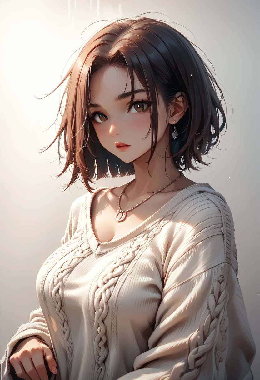 (Best quality, 8k, 32k, Masterpiece, UHD:1.2),Photo of Pretty Japanese woman, large breasts, very short bob hair,upper body,(oversized_sweater,:1.1) necklace, simple background, looking at around