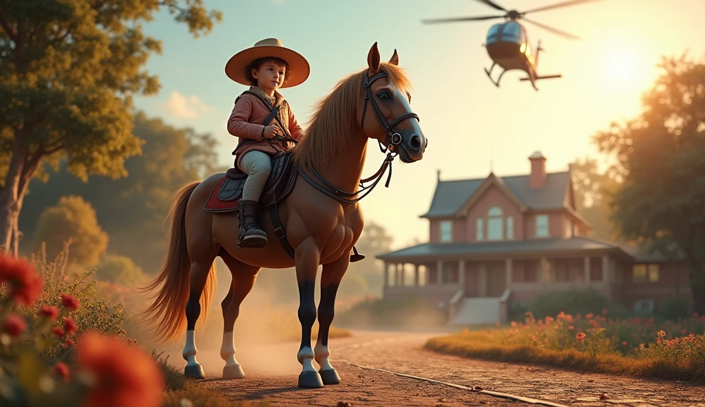 1 child sitting on a horse, detailed hat, detailed ground, detailed house, detailed helicopter in the sky, highly detailed, cinematic lighting, photorealistic, vibrant colors, 8k, best quality