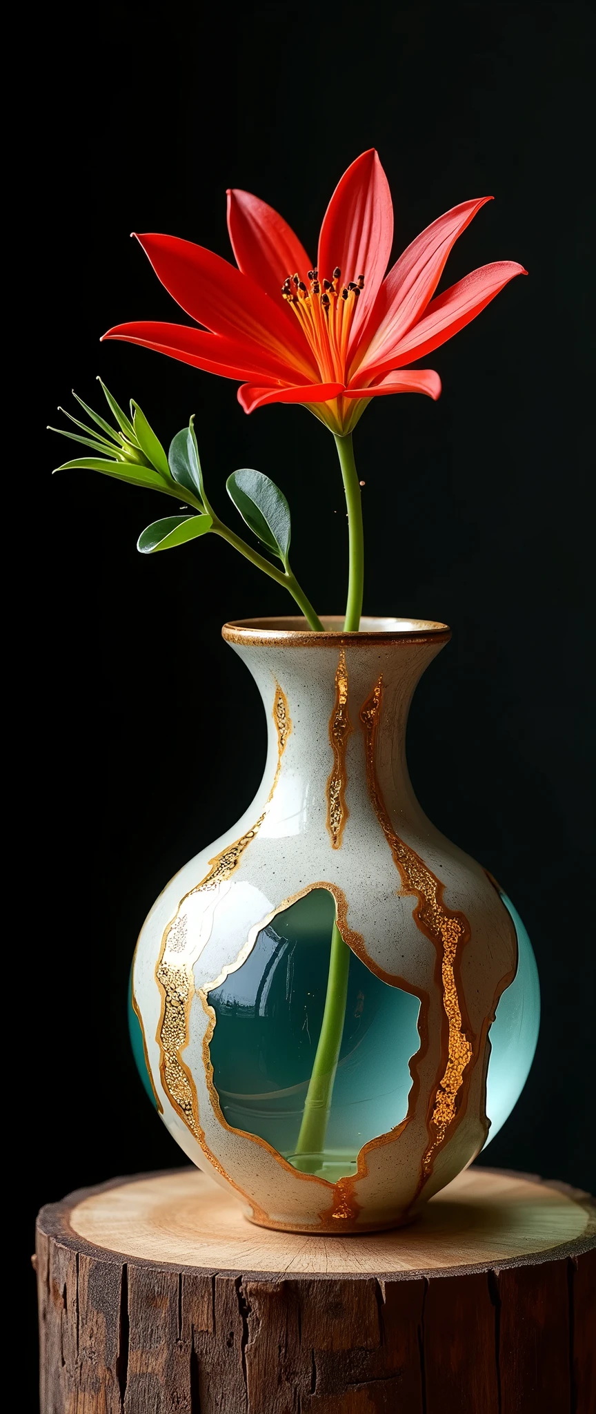 Complete separation and combination of ceramic and transparent glass materials, Dispersed joints, A vase made of ceramic and clear glass joined together using the kintsugi technique., Just one, Simple pottery and colorful glass"Wabisabi"aesthetics of, A single flower of red spider lily arranged in a vase, Water filled in a vase, Exquisite harmony that cooperates with each other&#39;s existence, Absolute beauty born from absurd combinations, Placed on an antique wooden stand、Aesthetics emerge against a dark background, Simple and pure..., Beauty beyond words..., 