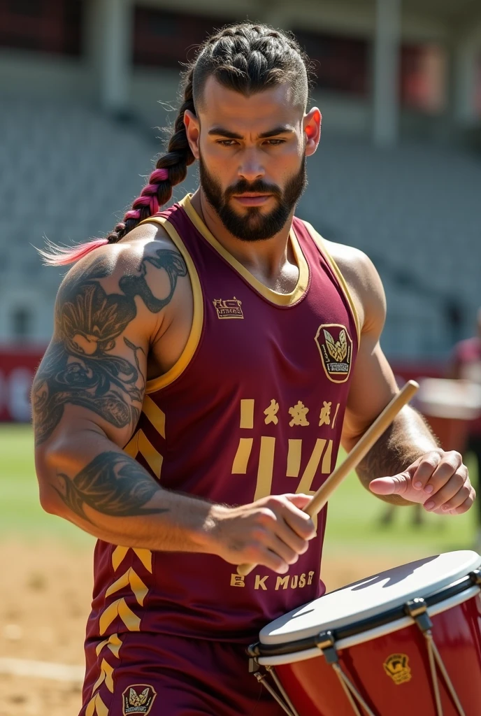 Visualize young white man with thick lips, athletic body, masculine energy and sexy, defined chin, trimmed beard, braid with gradient on the sides, colorful tattoo wearing a burgundy PSG training uniform with gold letters and symbols, burgundy shorts and white heels, at the training camp doing a percussion.
