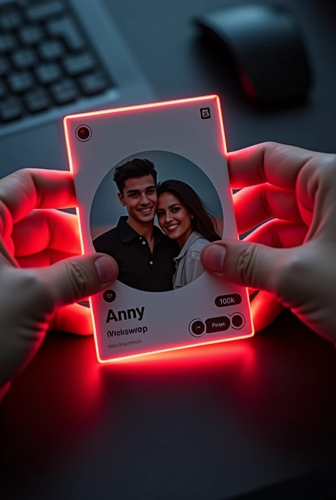 Create an Instagram profile on glass I'd card on a black desk displaying Instagram logo and realistic profile photo of a teenage couple in circle and "ANNY" is written on bold fonts under the profile photo and 100k followers written, the Instagram card is glowing red colour on the edge, one corner is held with two fingers