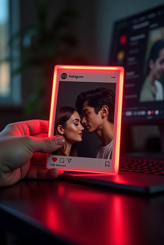 Create an Instagram profile on glass I'd card on a black desk displaying Instagram logo and realistic profile photo of a teenage couple in circle and "ANNY" is written on bold fonts under the profile photo and 100k followers written, the Instagram card is glowing red colour on the edge, one corner is held with two fingers