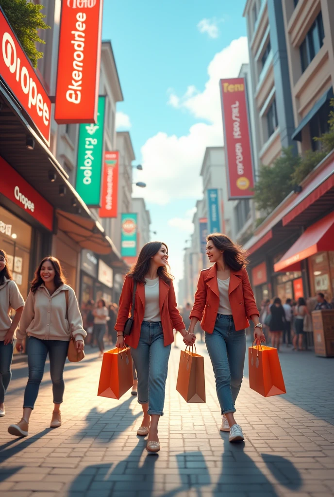 Paved street with Shopee and Aliexpress storefronts on the right and Shein and Temu storefronts on the left, with smiling people with shopping bags in their hands with the words shopee, shein, Aliexpress e ago