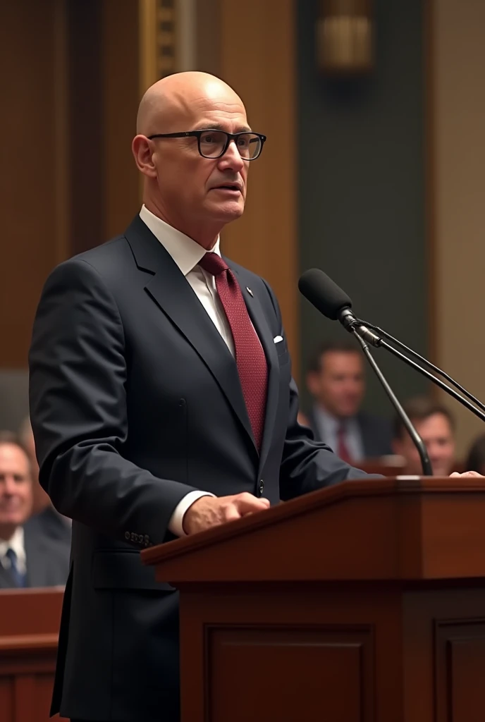 A man about 4 with glasses, bald, stoi na mównicy w stroju wuja Sama