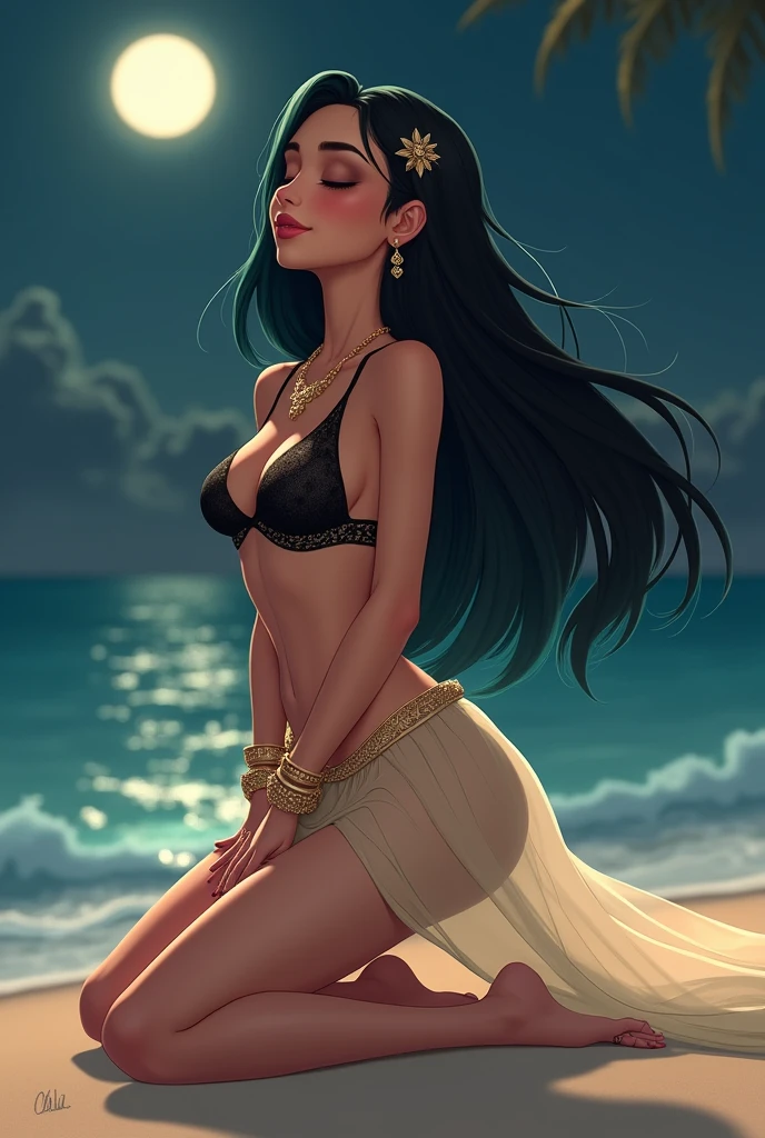"A stunning animated-style woman with long, flowing, dark hair with teal highlights, kneeling on a sandy beach at night. The moon is visible in the sky, casting a soft glow over the scene. The woman is wearing a black strappy bikini top with intricate design elements and a sheer, beige skirt that flows gracefully around her. She is adorned with gold jewelry, including a necklace, earrings, rings, and a decorative belt. Her eyes are closed, and her face is tilted upwards, giving a sense of sereni