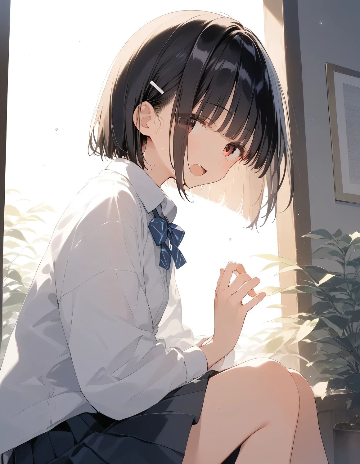 score_9, score_8_up, score_7_up, source_anime, best quality, masterpiece, official art, absurdres, highres, ultra-detailed,waifu2x,Collection: Slice of Life,break,1girl, very short hair, blunt bangs, hime cut, small breasts, beautiful detailed eyes, collared shirt, pleated skirt, sweat, open mouth, (yawn:0.3), expressionless,cool beauty, outdoors, (Detailed Lighting), (Detailed background),break,(clear line illustration:1.2), super detailed skin,very high resolution, very aesthetic, Best sexual lighting powered by famous artist, 8k, 16k, cute picture,beauty illustration,photoshop_(medium),,(Detailed Lighting),best anime 8k konachan wallpaper, pixiv contest winner, ((artist:takeuchi_takashi )),
