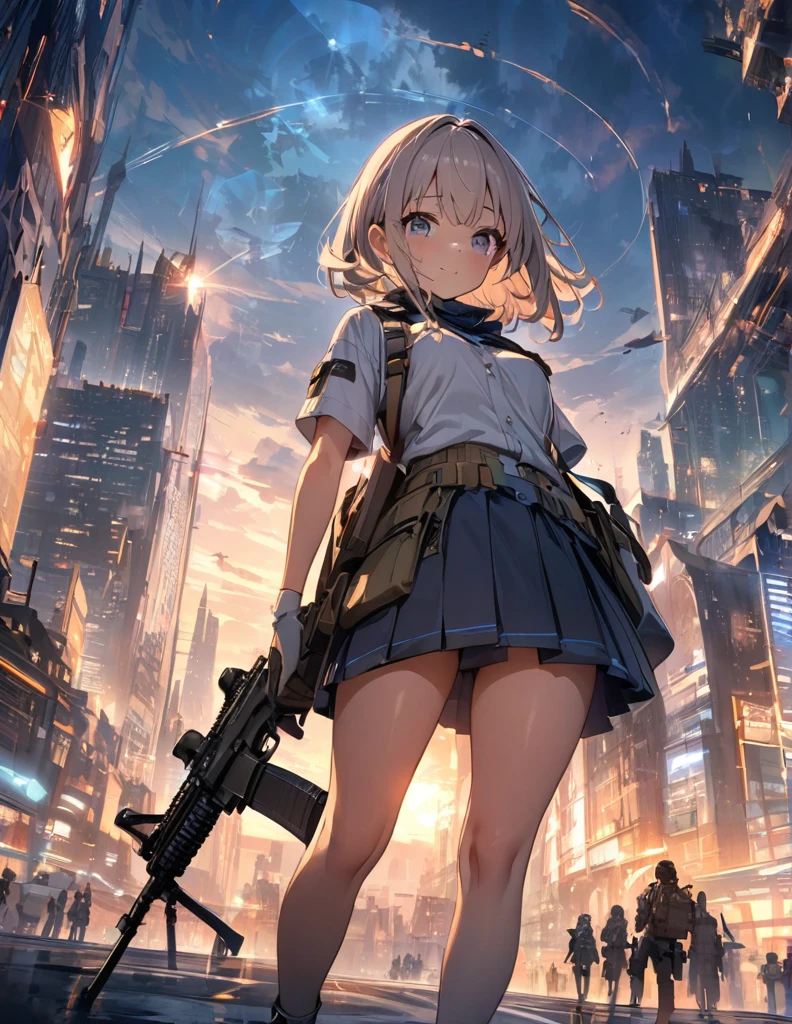 (anime)、(masterpiece:1.2),Atmospheric perspective,Lens flare、Ultra-wide background focused on the girl、Future City、girl standing on the roof、cute、Another World M4 Carbine,Possession of a gun
