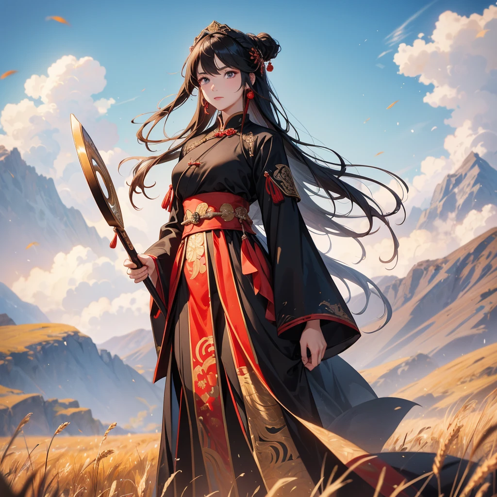 A beautiful female general holding a large spear in black-red ancient Chinese general costume, standing in the middle of a wheat field. behind which are mountains, there are low clouds floating in the blue sky.