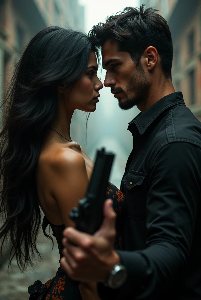 A very pretty black-haired girl facing a very handsome black-haired boy with a gun