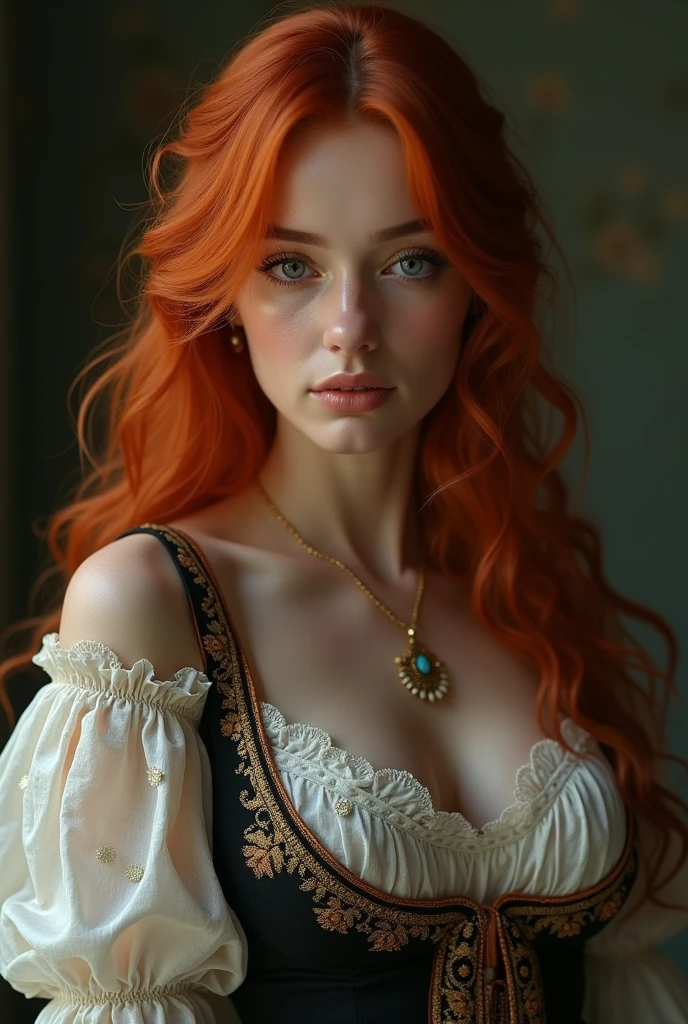 (((medium full shot))), (photorealistic, photorealism, best quality, ultra-detailed:1.3), (nice hands, perfect hands), official art, cinematic light, (1girl:1.3), adult, redhead Russian woman в кокошнике, Breasts, navel, long hair, large breasts, collarbone, long torso, slender waist, bikini, sweat, highly detailed, detailed skin, depth of field, film grain